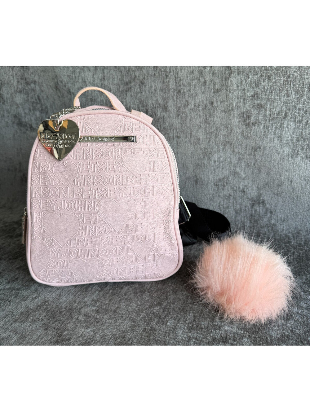 Betsey Johnson Pink Embossed Hearts Logo Mini Backpack Keychain Pom Pom
